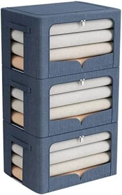3 Pack Clothes Storage Bins - Foldable Metal Frame Storage Box - Stackable Linen Fabric Organizer Set With Carrying Handles And Clear Window (Beige, 19.7x15.7x12.6inch(66L)) -Songmics Furniture Shop 41zWQciLoQL. AC
