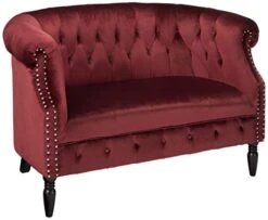 Great Deal Furniture Melaina Tufted Chesterfield Velvet Loveseat With Scrolled Arms, Garnet And Dark Brown