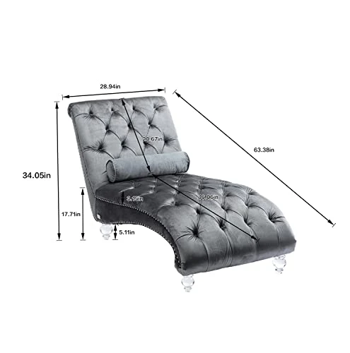 KINFFICT Velvet Chaise Lounge Chair With Toss Pillow, Modern Tufted Button Lounge Chair With Acrylic Legs, Upholstered Indoor Sleeper Chair For Living Room, Bedroom, Silver Grey 2 KINFFICT Velvet Chaise Lounge Chair With Toss Pillow, Modern Tufted Button Lounge Chair With Acrylic Legs, Upholstered Indoor Sleeper Chair For Living Room, Bedroom, Silver Grey - Image 2