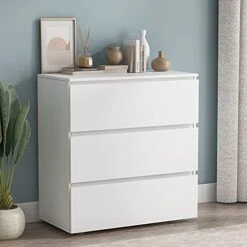 Homsee Modern 3-Drawer Dresser Chest, Wooden Dresser Tower With Wide Storage Space, Dresser Closet For Nursery Living Room Bedroom Hallway (White)