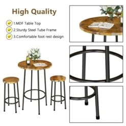 AWQM 3 Piece Bar Table Set, Counter Height Bar Table And Chairs Set, Round Small Kitchen Dining Table Set For 2, Ideal For Breakfast Nook, Kitchen, Dining, Small Spaces- Rustic Brown -Songmics Furniture Shop 41zsopY3LJL