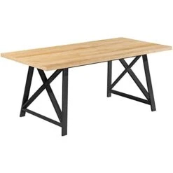 2xhome Light Wood - Modern Wood Table Grey Steel Metal Legs Frame Dining Table 71" Inches