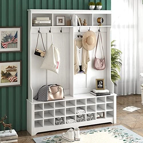 Wide Hall Tree And Shoe Storage Bench With 24 Shoe Cubbies, Wooden Hallway Coat Rack With 6 Double Hooks For Mudroom Organization Entryway Bench, White 6 Wide Hall Tree And Shoe Storage Bench With 24 Shoe Cubbies, Wooden Hallway Coat Rack With 6 Double Hooks For Mudroom Organization Entryway Bench, White - Image 6