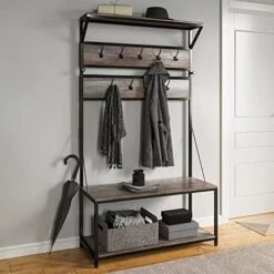 BELLEZE Modern Industrial Bench Hall Tree, Entryway Storage Bench Shoe Rack, Hat And Coat Stand Accent Furniture With Black Metal Frame - Lexie (Rustic Oak) -Songmics Furniture Shop 51 h3fdoYiL. AC