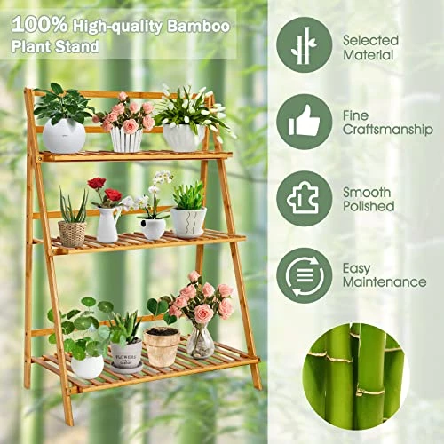 COSTWAY Bamboo Plant Stand, Foldable Multifunctional Flower Display Ladder Shelf, 3-Tier Storage Rack 5 COSTWAY Bamboo Plant Stand, Foldable Multifunctional Flower Display Ladder Shelf, 3-Tier Storage Rack - Image 5