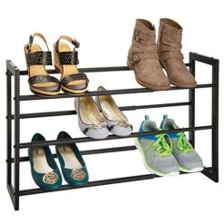 MDesign Metal 3 Tier Adjustable/Expandable Shoe And Boot Storage Organizer Rack - Space-Saving, Angled Vertical Storage - Closet, Entryway, Mudroom, Bedroom, Garage - Black