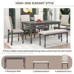 Merax 6-Piece Wood Rectangular Table Set With Turned Legs, 4 Upholstered Chairs And Bench For Dining Room, Grey+Beige_6pcs 9 Merax 6-Piece Wood Rectangular Table Set With Turned Legs, 4 Upholstered Chairs And Bench For Dining Room, Grey+Beige_6pcs -Songmics Furniture Shop 510KvwijlAL