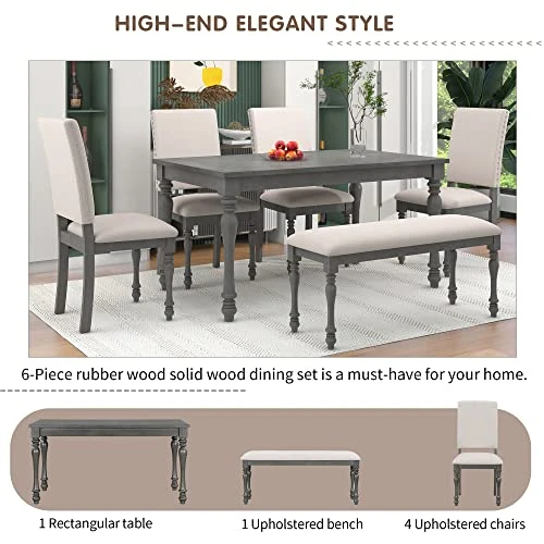Merax 6-Piece Wood Rectangular Table Set With Turned Legs, 4 Upholstered Chairs And Bench For Dining Room, Grey+Beige_6pcs 3 Merax 6-Piece Wood Rectangular Table Set With Turned Legs, 4 Upholstered Chairs And Bench For Dining Room, Grey+Beige_6pcs - Image 3