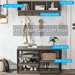 Tribesigns Coat Rack Shoe Bench Set, Hall Tree With Shoe Bench, Industrial Shoe Rack Bench With Coat Rack, 3 Storage Cubbies, 7 Hooks For Entryway, Hallway, 5-in-1Design, Vintage Grey -Songmics Furniture Shop 510TgPW62gL
