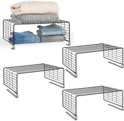 MDesign Modern Versatile Metal Closet, Cabinet Organizer Storage 2-Tier Shelf Divider And Separator For Bedrooms, Bathrooms, Entryways, Hallways, Kitchen Pantry, Office - Easy Install, 4 Pack - Black -Songmics Furniture Shop 510WLGckD9L. AC