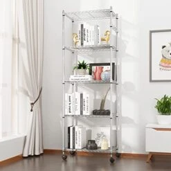 Devo 5-Tier Shelf Shelves For Storage, Wire Shelving Storage Racks, Heavy Duty Shelving, Adjustable Metal Shelf For Garage, Pantry, Kitchen, Side Hooks, Silver(14" D X 24" W X 71" H)
