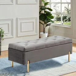 Andeworld Velvet Storage Bench, Modern Bedroom Bench, Upholstered Tufted Large Settee Ottoman With Storage Bench For Bedroom,Living Room,Entryway, Ivory -Songmics Furniture Shop 510cy75MO2L. AC