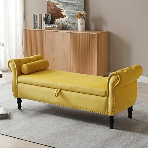 LUCKHAO Storage Bench For Bedroom End Of Bed, 63" Long Velvet Tufted Upholstered Storage Ottoman Bench For Bedroom, Rolled Arm Nailhead Trim With Pillow(Grey) 10 LUCKHAO Storage Bench For Bedroom End Of Bed, 63" Long Velvet Tufted Upholstered Storage Ottoman Bench For Bedroom, Rolled Arm Nailhead Trim With Pillow(Grey) - Image 10