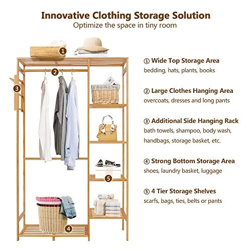 Ufine Bamboo Garment Rack 6 Tier Storage Shelves Clothes Hanging Rack With Side Hooks, Heavy Duty Clothing Rack Portable Wardrobe Closet Organizer 1 Ufine Bamboo Garment Rack 6 Tier Storage Shelves Clothes Hanging Rack With Side Hooks, Heavy Duty Clothing Rack Portable Wardrobe Closet Organizer