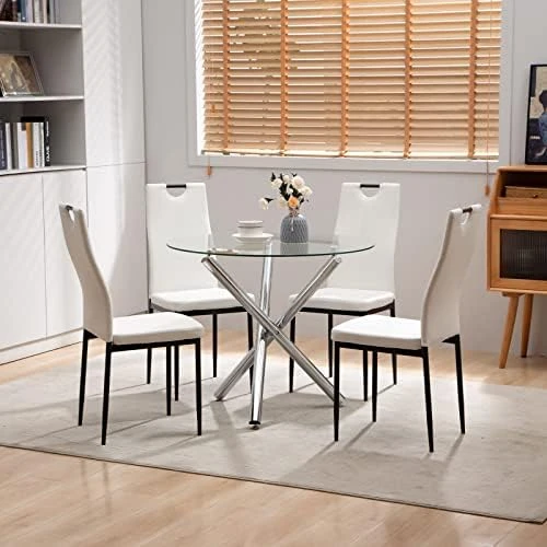 Round Glass Dining Table For 2 To 4 Person - 35.4" Inch Kitchen Dining Room Table With Tempered Glass Top, Sturdy Chrome Legs, Modern Circle Leisure Table For Dinner Apartment Small Spaces 9 Round Glass Dining Table For 2 To 4 Person - 35.4" Inch Kitchen Dining Room Table With Tempered Glass Top, Sturdy Chrome Legs, Modern Circle Leisure Table For Dinner Apartment Small Spaces - Image 9