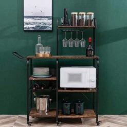 WAYTRIM Kitchen Baker's Rack With Wheels, Utility Storage Kitchen Shelf, 4+3 Tier Microwave Stand Cart With Wire Basket, Wine Glass Rack, Retro Brown Vintage Microwave Stand With Handle, 54in Length -Songmics Furniture Shop 510tFZgeCaL
