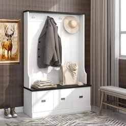 TAVENS Hall Tree With Storage Bench, 3-in-1 Entryway Bench With Coat Rack, Standing Coat Rack With 5 Metal Hooks And 2 Large Drawers For Hallway, Living Room, Mudroom 38.5”W X 15.7”D X 75”H,White 10 TAVENS Hall Tree With Storage Bench, 3-in-1 Entryway Bench With Coat Rack, Standing Coat Rack With 5 Metal Hooks And 2 Large Drawers For Hallway, Living Room, Mudroom 38.5”W X 15.7”D X 75”H,White -Songmics Furniture Shop 510ua2k5CdL. AC