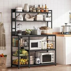 NAIYUFA Kitchen Bakers Rack With Baskets,5-Tier Kitchen Utility Storage Shelf With Hooks, Microwave Oven Stand Rack, Free Standing Kitchen Shelf Vintage Grey