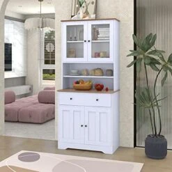 LUMISOL 71” Pantry Cabinet Freestanding Buffet Cabinet With Hutch Tall Kitchen Sideboard Buffet Cupboard With 4 Doors And Drawer (White) -Songmics Furniture Shop 510zpGIufzL. AC