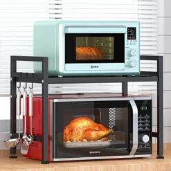 PUSDON Microwave Oven Rack, Adjustable Shelf With Hooks & 100lbs Capacity, 2-Tier Organizer For Kitchen Counter In Black-Microparticles 19 PUSDON Microwave Oven Rack, Adjustable Shelf With Hooks & 100lbs Capacity, 2-Tier Organizer For Kitchen Counter In Black-Microparticles -Songmics Furniture Shop 511Bx7MPhlL. AC
