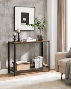 VASAGLE Console Table, 2-Tier Entryway Table With Mesh Shelf, Narrow Sofa Table, Steel Frame, Adjustable Feet, For Hallway, Living Room, Industrial Style, Rustic Brown And Black ULNT80X -Songmics Furniture Shop 511CPhEso0L
