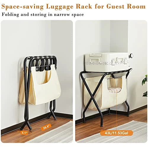 ELYKEN 2 Pack Luggage Rack With Laundry Bag, Guest Room Folding Space Saving Suitcase Holder, Max 110LBS Baggage Shelf With Heavy Duty Nylon Belts, Dirty Clothes Storage For Bedroom Hotel 2 ELYKEN 2 Pack Luggage Rack With Laundry Bag, Guest Room Folding Space Saving Suitcase Holder, Max 110LBS Baggage Shelf With Heavy Duty Nylon Belts, Dirty Clothes Storage For Bedroom Hotel - Image 2