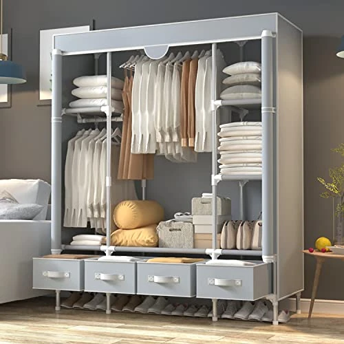 ASSICA Portable Clothes Closet Rolling Door Wardrobe With Hanging Rack Non-Woven Fabric Storage Organizer With Four Drawer Boxes No-Tool Assembly - 59.0 X 17.7 X 67.0 ‘’ (Gray) 6 ASSICA Portable Clothes Closet Rolling Door Wardrobe With Hanging Rack Non-Woven Fabric Storage Organizer With Four Drawer Boxes No-Tool Assembly - 59.0 X 17.7 X 67.0 ‘’ (Gray) - Image 6