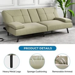IULULU Futon Sofa Bed, Convertible Sleeper Couch Daybed With 2 Cup Holders And Removable Armrest For Apartment, Studio, Dorm, Office, Home, Khaki 11 IULULU Futon Sofa Bed, Convertible Sleeper Couch Daybed With 2 Cup Holders And Removable Armrest For Apartment, Studio, Dorm, Office, Home, Khaki -Songmics Furniture Shop 511LCUdxunL
