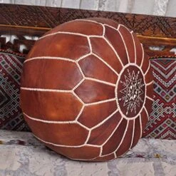 GRAN Handmade Leather Moroccan Pouf Footstool Ottoman | Brown Genuine Leather With Hand Embroidered White Stitching | Unstuffed -Songmics Furniture Shop 511NHikfslL
