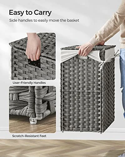 SONGMICS Handwoven Laundry Hamper, 23.8 Gal (90L) Synthetic Rattan Clothes Laundry Basket With Lid And Handles, Foldable, Removable Liner Bag, Gray ULCB51WG 4 SONGMICS Handwoven Laundry Hamper, 23.8 Gal (90L) Synthetic Rattan Clothes Laundry Basket With Lid And Handles, Foldable, Removable Liner Bag, Gray ULCB51WG - Image 4