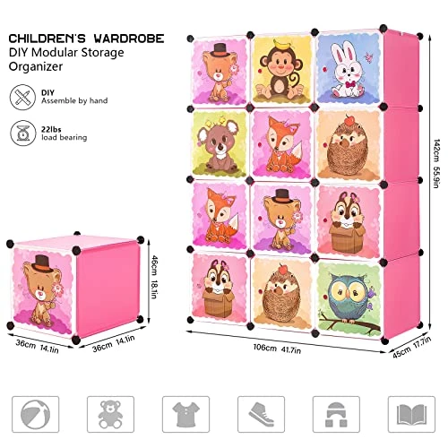 BRIAN & DANY Portable Closet Wardrobe - Cube Storage Organizer For Kids, Baby Closet, Plastic Clothing Cabinet, Bedroom Armoires For Toys, Shoes, Clothes - 12 Cubes, Pink 2 BRIAN & DANY Portable Closet Wardrobe - Cube Storage Organizer For Kids, Baby Closet, Plastic Clothing Cabinet, Bedroom Armoires For Toys, Shoes, Clothes - 12 Cubes, Pink - Image 2