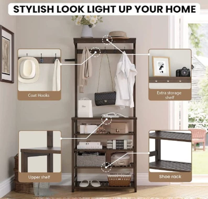 SEJAS 5-Tier Coat And Shoe Rack For Entryway Organizer, Freestanding Hall Tree, Mudroom Storage Organization Furniture, 5 Hanger Hooks, (Dark Brown) 1 SEJAS 5-Tier Coat And Shoe Rack For Entryway Organizer, Freestanding Hall Tree, Mudroom Storage Organization Furniture, 5 Hanger Hooks, (Dark Brown)