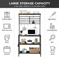 HOOBRO Bakers Rack, Microwave Stand, Kitchen Storage Shelf Rack With Hooks, Coffee Bar, 4 Shelves And Mesh Panel, Adjustable Feet, For Kitchen, Living Room, Coffee Station, Rustic Brown BF01HB01 -Songmics Furniture Shop 511boqf0HWL