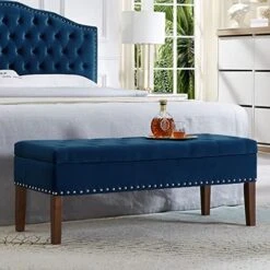 24KF Large Round Upholstered Tufted Linen Ottoman Coffee Table, Large Footrest Ottoman With Wood Shelf Storage- Navy Blue -Songmics Furniture Shop 511d6jBT0oL. AC