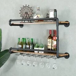 BOTAOYIYI Wine Rack Wall Mounted 2 Tier, Hanging Floating Bar Liquor Shelves With Glass Holder Storage Under, Industrial Rustic Pipe Farmhouse Kitchen Decor Black(35.4x10.6x19.7) -Songmics Furniture Shop 511fkCDKZzL