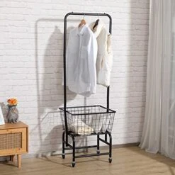 ALIMORDEN Laundry Cart With Clothes Rack, Rolling Laundry Butler With Wire Storage Rack，Black -Songmics Furniture Shop 511jZkWUaSL