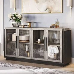 BELLEZE Sideboard Buffet Cabinet, Modern Wood Glass-Buffet-Sideboard With Storage, Console Table For Kitchen, Dinning Room, Living Room, Hallway, Or Entrance - Brixston (Brown) -Songmics Furniture Shop 511lY1kOBtL. AC