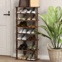 Tangkula 7-Tier Vertical Shoe Rack, Patented Entryway Wooden Double Rows Shoes Rack With Anti-Toppling Device, Narrow Shoe Rack Organizer, Space Saving Shoes Storage Stand For Front Door
