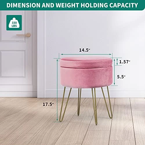 YITAHOME Modern Velvet Upholstered Round Storage Ottoman Footrest Vanity Stool With Gold Metal Legs & Tray Top Coffee Table Having 17.5” Height And Holds Upto 330 Lbs (Pink) 2 YITAHOME Modern Velvet Upholstered Round Storage Ottoman Footrest Vanity Stool With Gold Metal Legs & Tray Top Coffee Table Having 17.5” Height And Holds Upto 330 Lbs (Pink) - Image 2