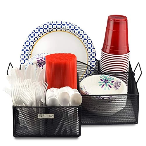 ELTOW Countertop Silverware Caddy W/Handle, 8 Compartment Paper Plate & Cutlery Caddy For Plates, Bowls, Forks, Spoons, Knives, Napkins, Flatware & Utensil Holder For Party, Picnic, Home, RV - Black 1 ELTOW Countertop Silverware Caddy W/Handle, 8 Compartment Paper Plate & Cutlery Caddy For Plates, Bowls, Forks, Spoons, Knives, Napkins, Flatware & Utensil Holder For Party, Picnic, Home, RV - Black