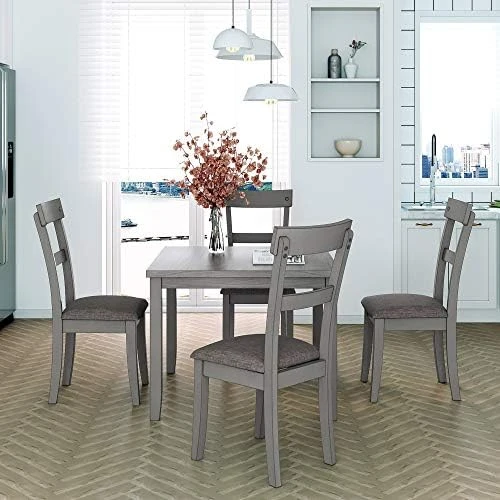 KELRIA 5-Piece Wooden Counter Height Set, Includes 1 Table, 4, Padded Chairs And Storage Shelving, For Dining, Living Room, Kitchen, Gray 15 KELRIA 5-Piece Wooden Counter Height Set, Includes 1 Table, 4, Padded Chairs And Storage Shelving, For Dining, Living Room, Kitchen, Gray - Image 15