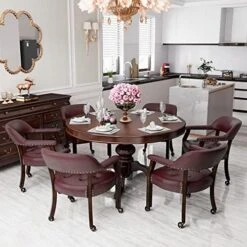 Set Of 4 Dining Chair With Casters, Leather Chair With Caster & Nailhead Trime Dining Chairs With Rollers Curving Backrest Chairs With Wheels Kitchen Table Rolling Chair,Espresso&Beige 1910BG -Songmics Furniture Shop 512IqCJyH8L. AC