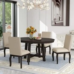 P PURLOVE 5 Pieces Dining Table Set Round Kitchen Extendable Dining Table With 4 Upholstered Chairs For Dining Room, Chair With Nail Head Trim, Bistro Table Set, Natural Wood Wash -Songmics Furniture Shop 512QicSeIL. AC