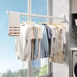 CHAHUANV Clothes Drying Rack,Laundry Drying Rack, Drying Rack Wall Mount,Wall Mounted Clothes Rack,Drying Rack Clothing,Retractable Laundry Rack For Hanging Clothes,Collapsible,Foldable,White-Hooks -Songmics Furniture Shop 512cBRfW2ZL