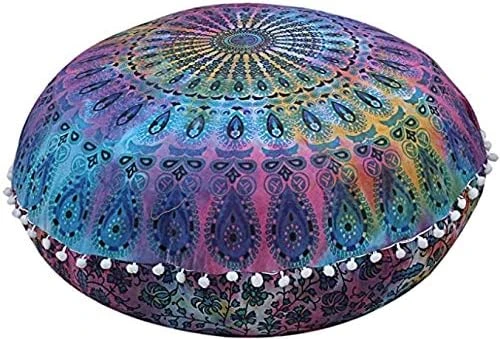 Rajasthaniartdecor Round Pouf Cover Cushion Cotton With Pom Meditetion Seating For Living Dorm Room Color Size 32 Inch Inches (Cover Only) (Blue Gold), RADC003-V, Inches(80 Cm) 11 Rajasthaniartdecor Round Pouf Cover Cushion Cotton With Pom Meditetion Seating For Living Dorm Room Color Size 32 Inch Inches (Cover Only) (Blue Gold), RADC003-V, Inches(80 Cm) - Image 11