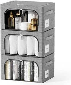 3 Pack Clothes Storage Box - Oxford Foldable Stackable Container Organizer Set For Clothing Fabric Frame Storage Bin Bags With Clear Window And Double Handles (66L, Red) -Songmics Furniture Shop 512qUTn8jfL. AC