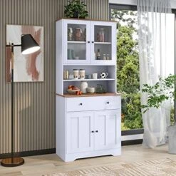 Merax Modern Kitchen Pantry, Storage Cabinet With Open Shelf, Drawer And 2 Cabinet With Adjustable Shelves, Antique White, 71.3" Height -Songmics Furniture Shop 512qmVD6cqL. AC