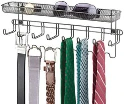 MDesign Steel Wall Mount Organizer Hanger Rack Holder With 8 Hooks And Storage Basket For Bedroom, Hall, Or Coat Closet - Holds Belts, Ties, Watches, Sunglasses, Wallets - Concerto Collection - Black -Songmics Furniture Shop 512sGuW4u4L. AC