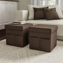 Lavish Home Foldable Storage Cube Ottoman With Pockets – Multipurpose Footrest Organizer For Bedroom, Living Room, Dorm Or RV (Pair, Linen Brown), -Songmics Furniture Shop 512tFZePajL. AC