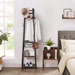 VECELO Coat Rack Freestanding, Entryway Clothes Stand With Metal Basket And 2 Shelves, Upgrade Hall Trees With 8 Dual Hooks For Bags, Hats, And Umbrellas, Industrial Styles, Vintage Brown+ Black -Songmics Furniture Shop 512vbGkTRcS